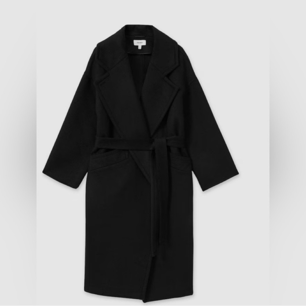 Reiss NRD Emile Wool Blend Black Tie Waist Blind Seam Coat 4US